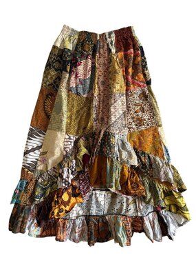 Jaded Gypsy Bohemian Patchwork Maxi Skirt With Ruffle Hem Elastic Waist